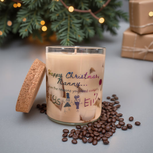 Happy Christmas Nanny/Grandma/Nan! Personalisable with your child's drawings and writing. Gorgeous cold brew coffee candle!
