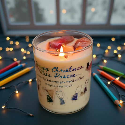 Happy Christmas, Teacher! Customisable with children's drawings. Cold brew coffee candle