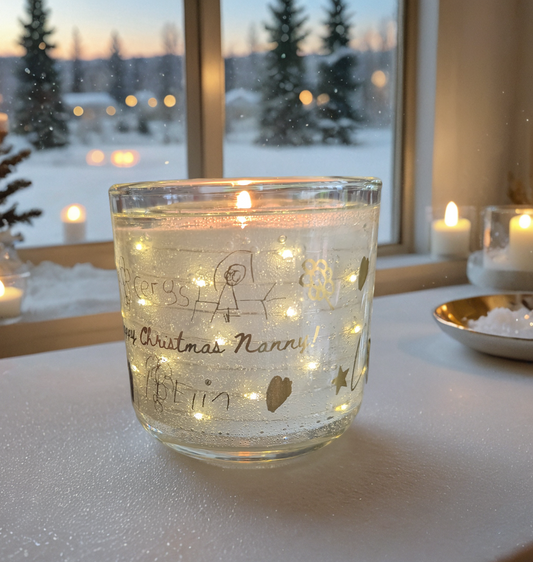 Happy Christmas, Nanny! Light-up candle, customisable with child's drawings and writing.